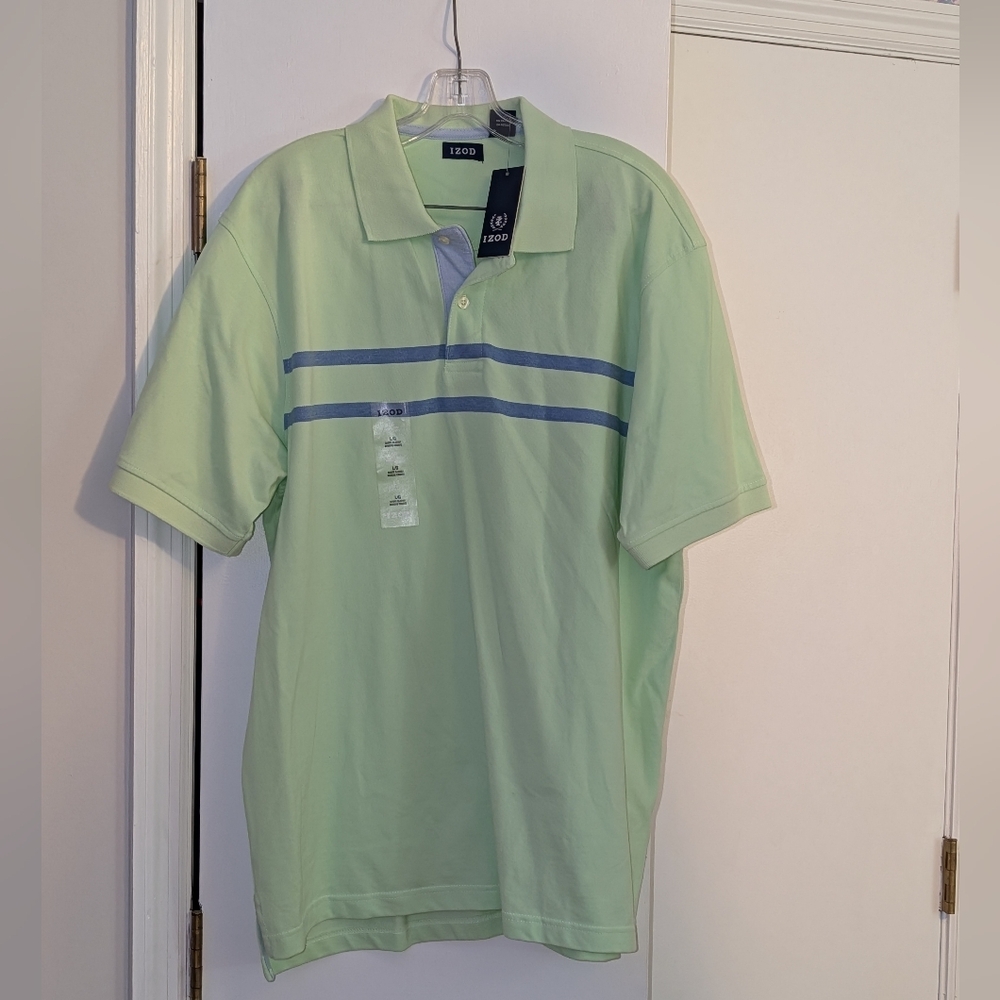 NEW Izod Light Green Polo with Blue Stripes, Large, Msrp$50